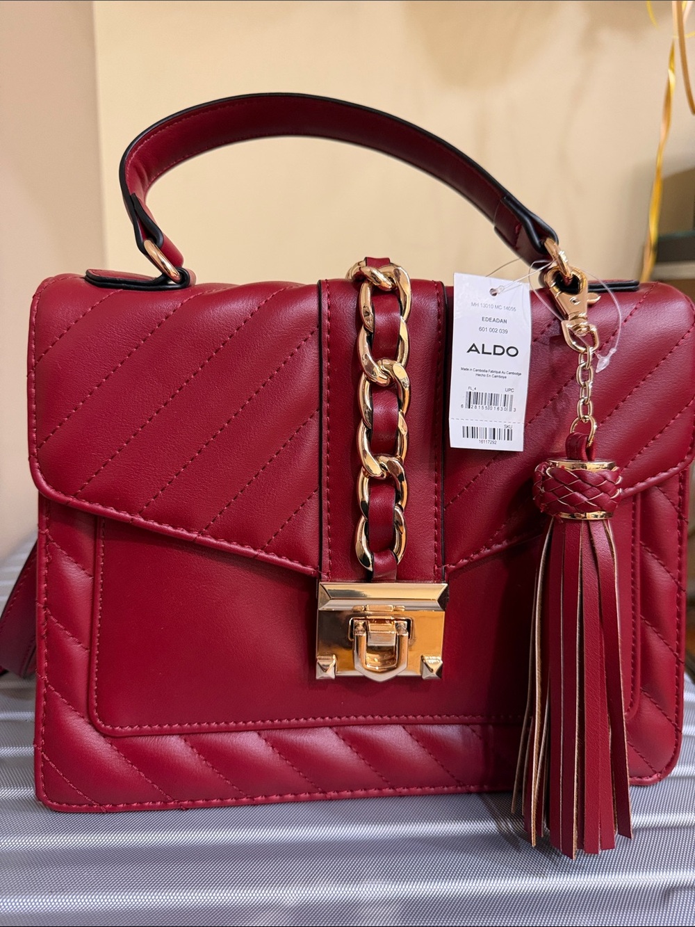 ALDO Red Quilted Top-Handle Satchel with Tassel Charm